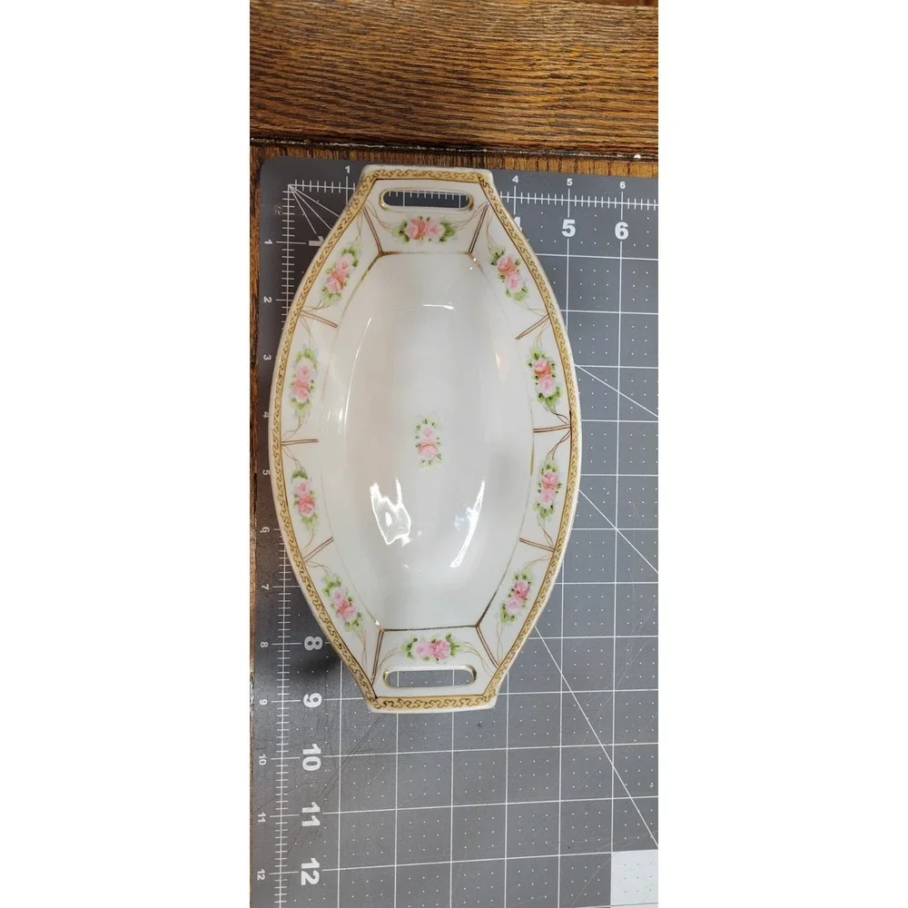 Nippon Hand Painted Art Porcelain Floral Gold Trim Oval Serving Bowl w/ Handles